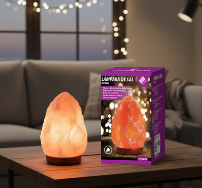 Lámpara de Sal del Himalaya con Base de Madera 100% Natural