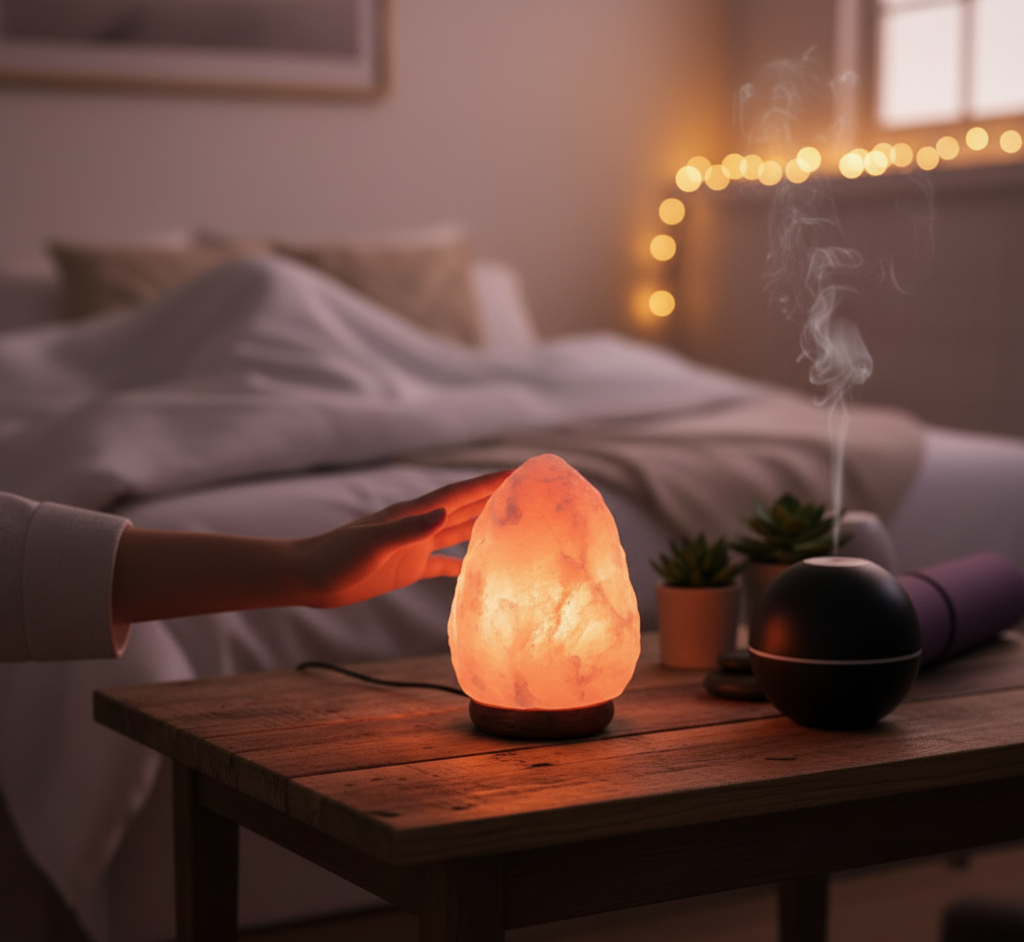 Lámpara de Sal del Himalaya con Base de Madera 100% Natural