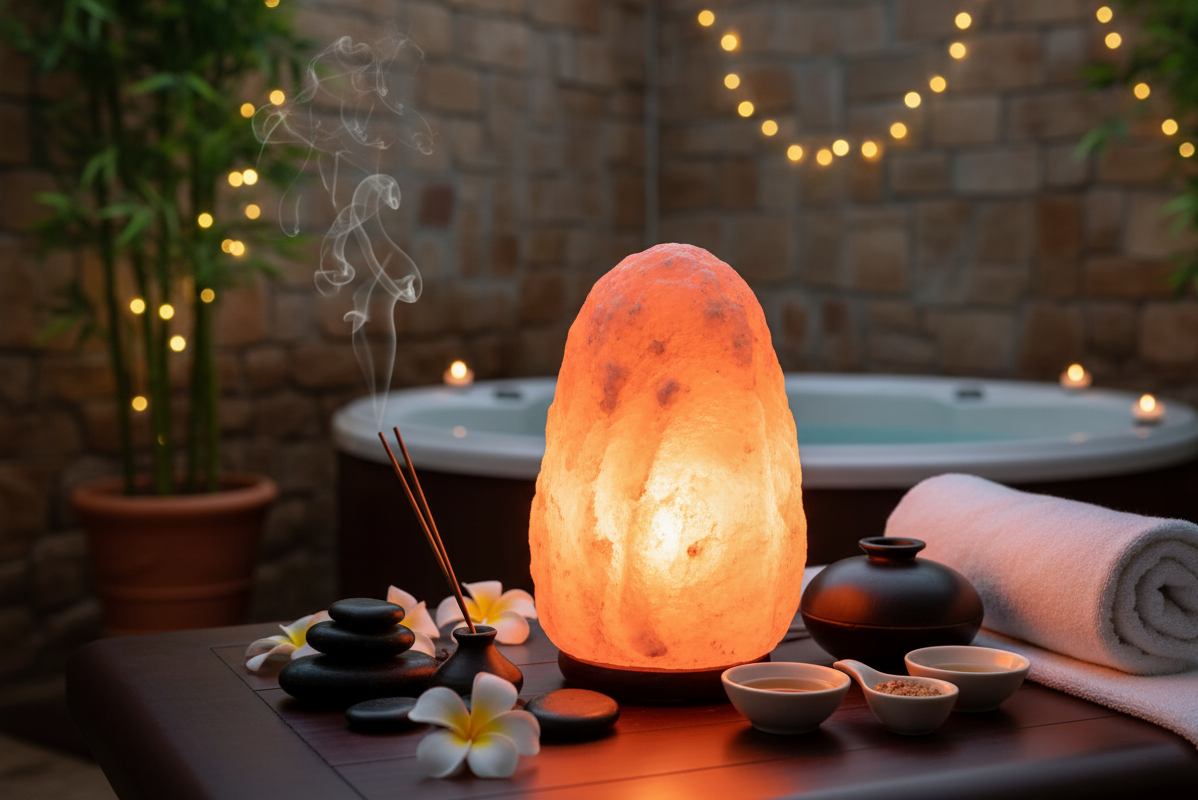 Lámpara de Sal del Himalaya con Base de Madera 100% Natural