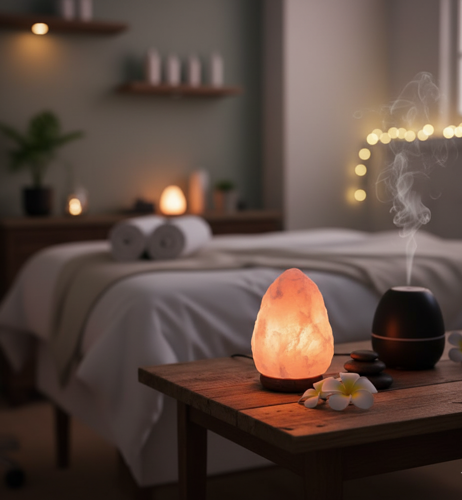 Lámpara de Sal del Himalaya con Base de Madera 100% Natural